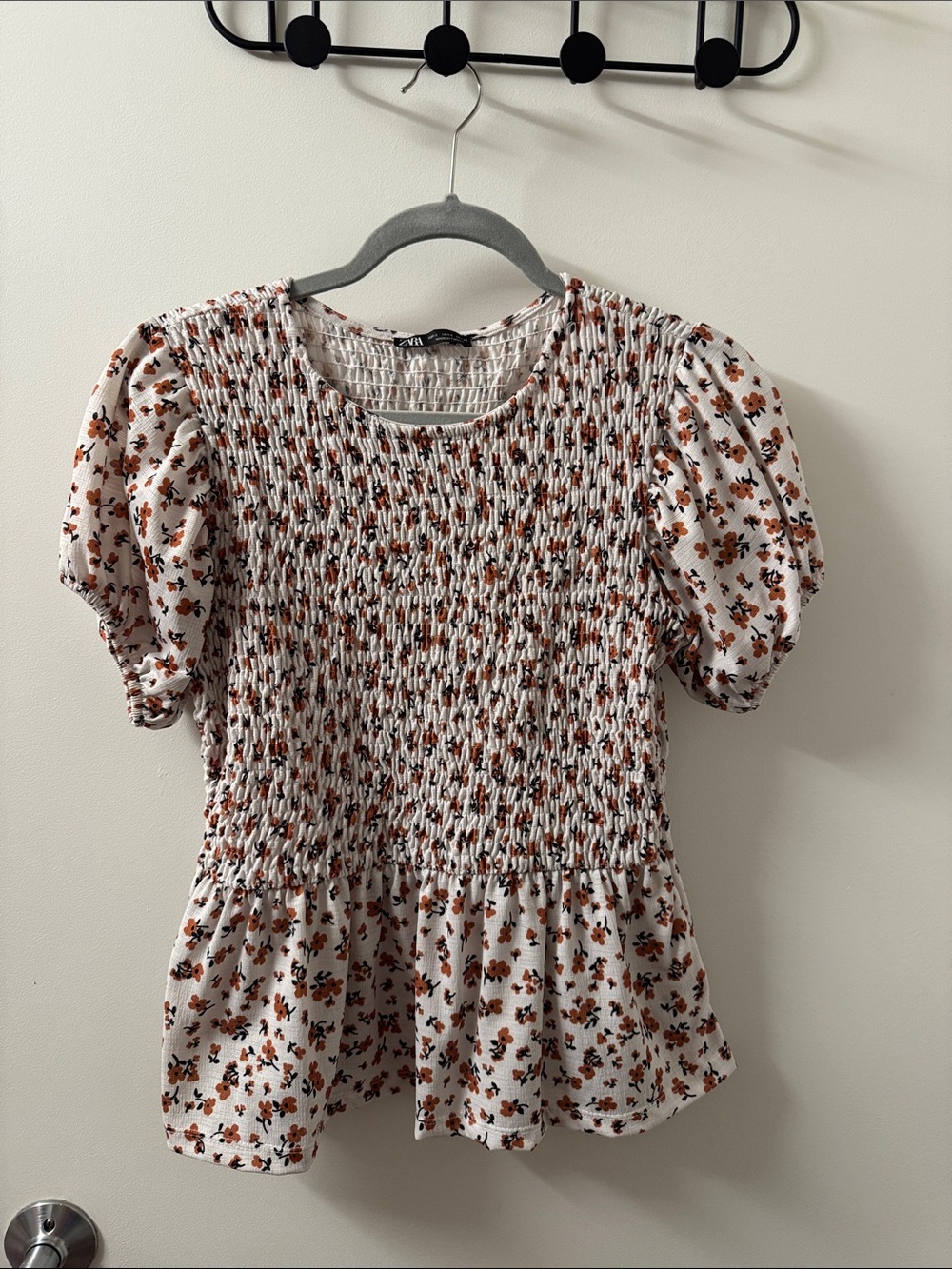 ZARA Smocked Floral Peplum Top - White with Brown Floral